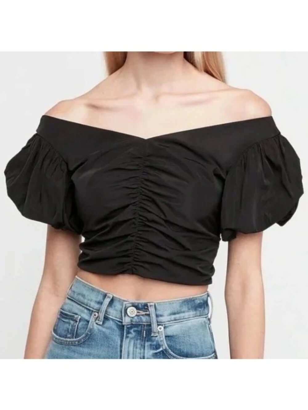 Express Top Size 4 Taffeta Ruched Puff Sleeve Cropped Black Back Zip Chic NEW